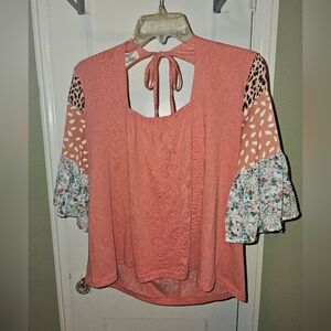 Umgee Coral Top with Patterned Sleeves